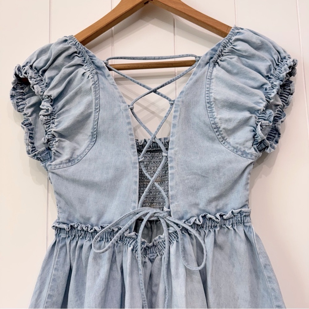Free People Daphne Denim Babydoll Mini Dress Lace Up Back Size XS - Picture 5 of 13